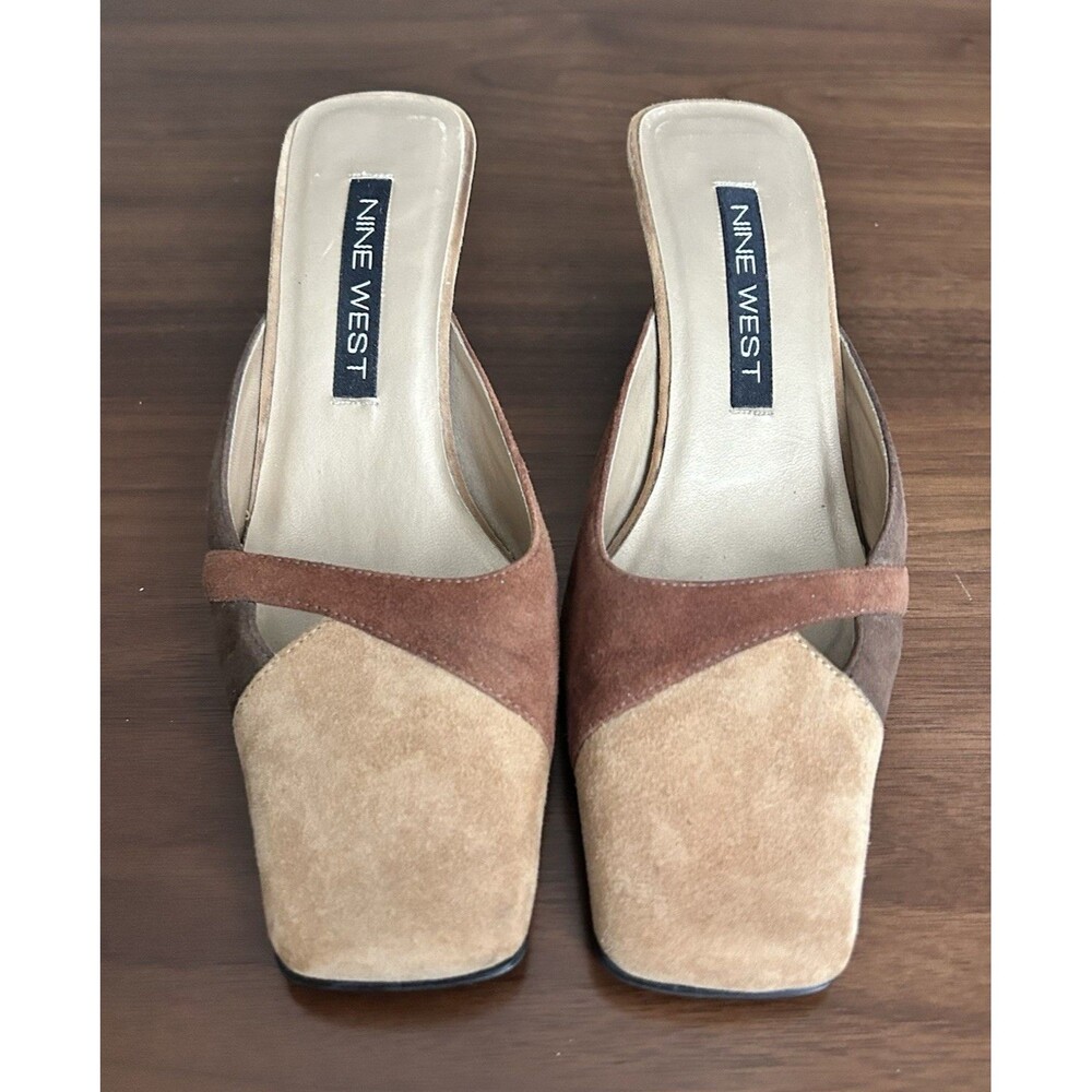 Nine West Women's Suede Colorblock Mule Square Toe Slip-On Beige/Brown 5.5M